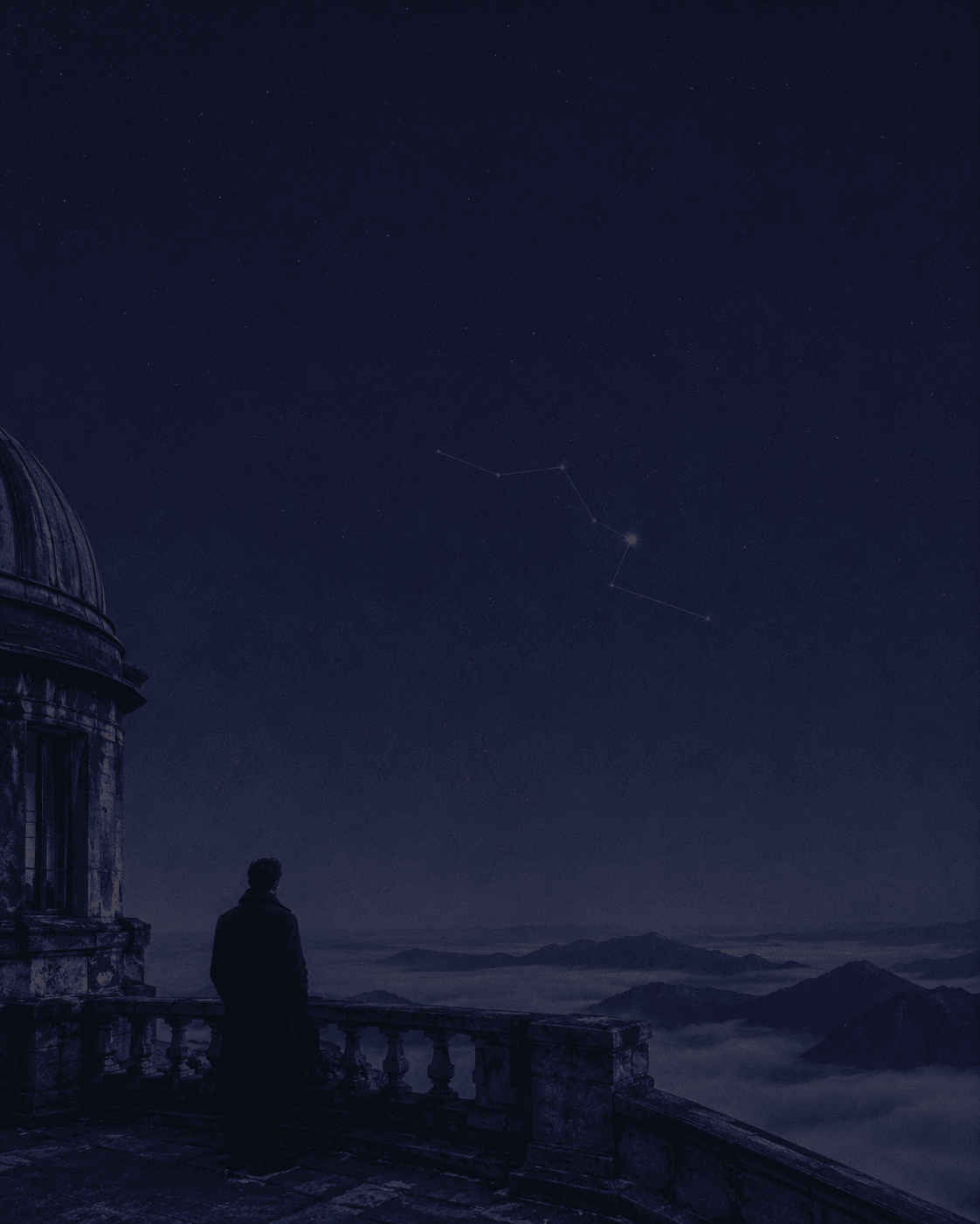 A figure on an observatory terrace beneath a faint constellation, one star glowing ember